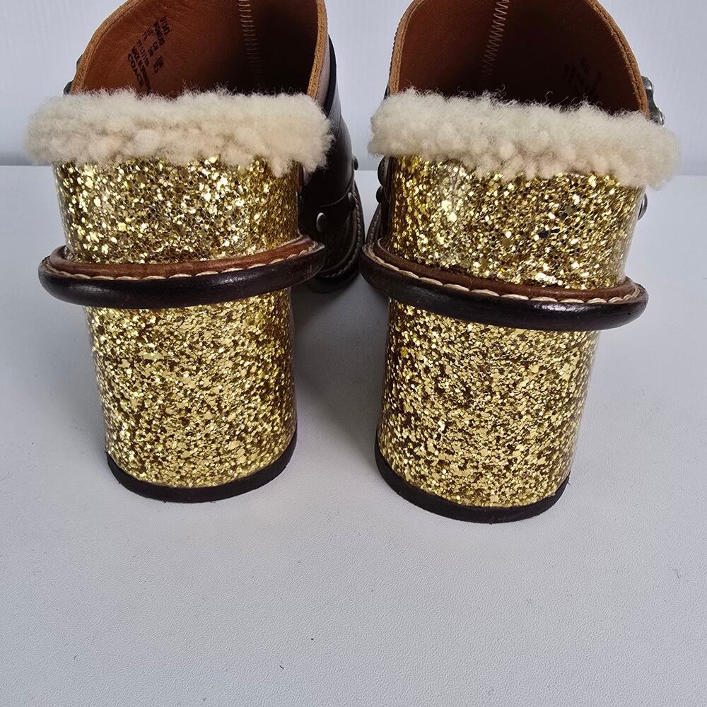 Coach Clog Slide Glitter Heel Brown Leather Shearling Insole Swarovski Crystal 7 - Picture 8 of 13